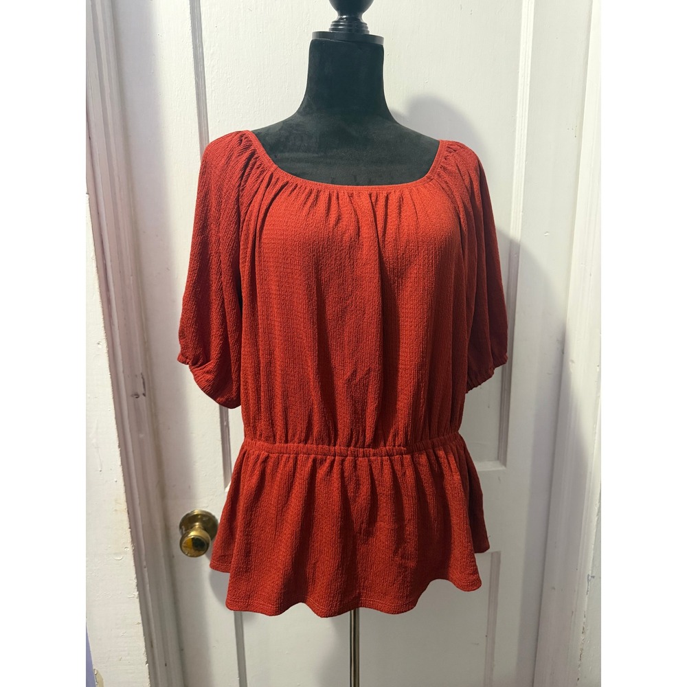 Nine West Burnt Orange Short Sleeve Cinched Peplum Blouse Top Size Large
